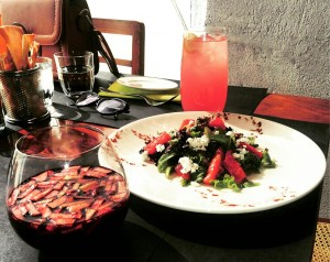 Sangria with Watermelon Salad with spiced Feta, marinated ginger and garnished Greens 